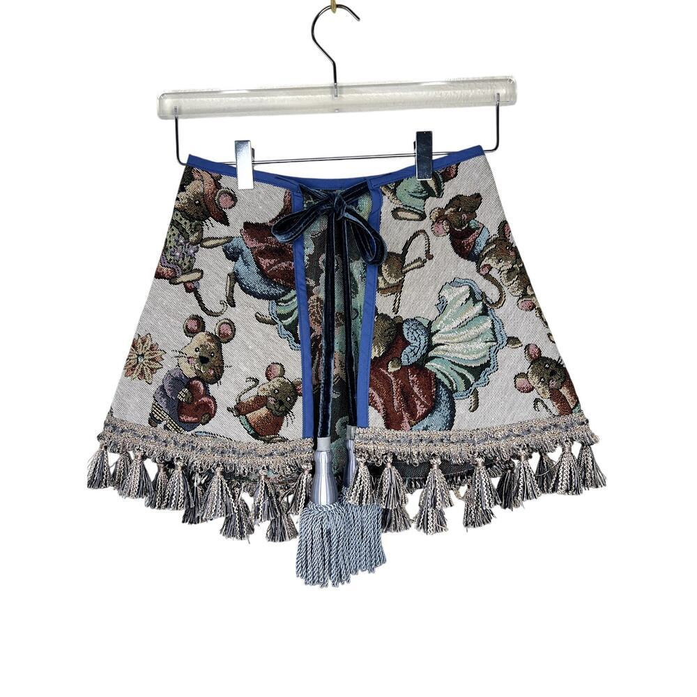 Handmade Wrap Mini Skirt Tapestry Vintage Mouse Print Tassels Tie One Size
